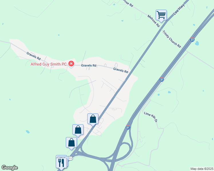 map of restaurants, bars, coffee shops, grocery stores, and more near 96 Cedar Point Lane in Harrisonburg