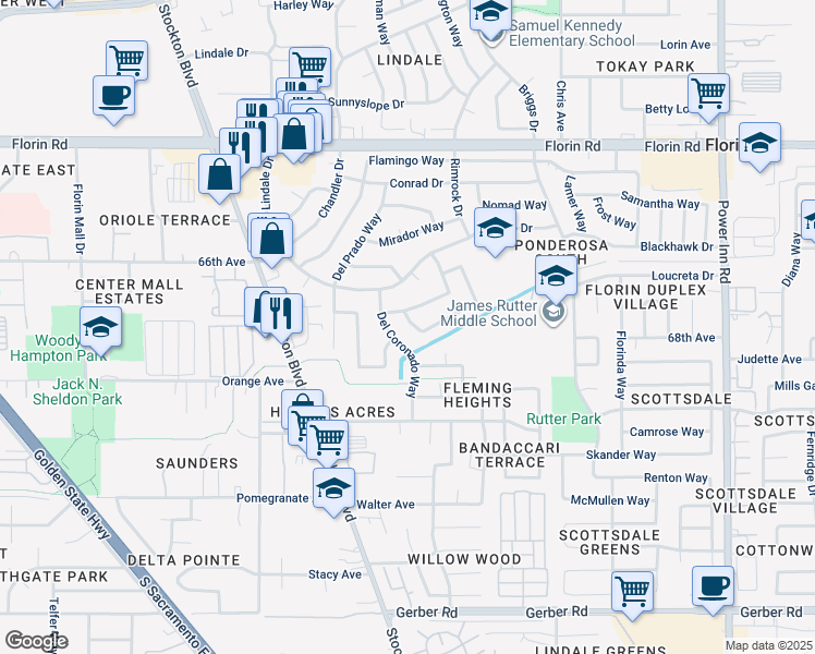 map of restaurants, bars, coffee shops, grocery stores, and more near 7328 Del Coronado Way in Sacramento