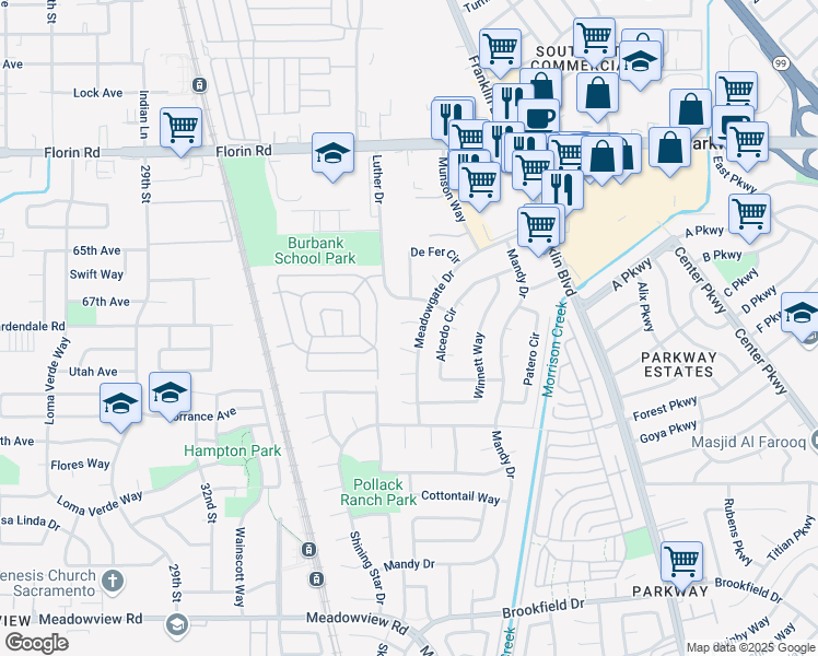 map of restaurants, bars, coffee shops, grocery stores, and more near 9 Sentido Court in Sacramento