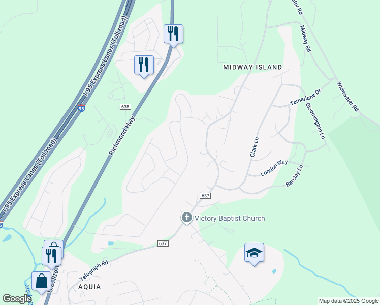 map of restaurants, bars, coffee shops, grocery stores, and more near 174 Olympic Drive in Stafford