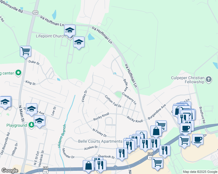 map of restaurants, bars, coffee shops, grocery stores, and more near 1916 Meadow Lark Drive in Culpeper