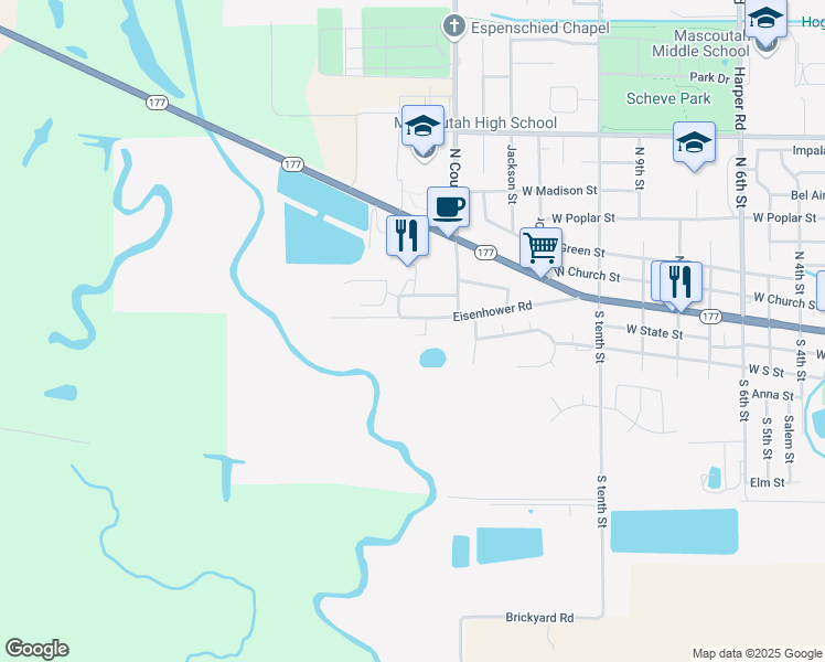 map of restaurants, bars, coffee shops, grocery stores, and more near 1410 Eisenhower Road in Mascoutah