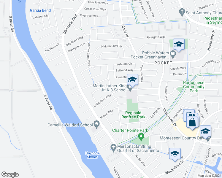 map of restaurants, bars, coffee shops, grocery stores, and more near 96 Angel Island Circle in Sacramento