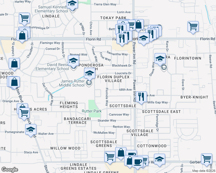 map of restaurants, bars, coffee shops, grocery stores, and more near 7346 Florinda Way in Sacramento