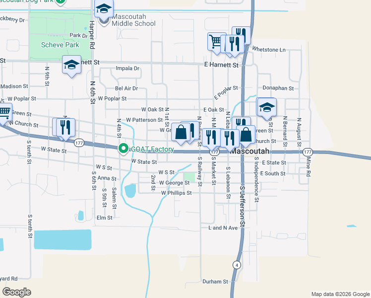 map of restaurants, bars, coffee shops, grocery stores, and more near 25 West Main Street in Mascoutah