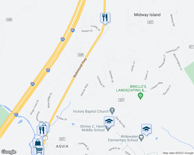 map of restaurants, bars, coffee shops, grocery stores, and more near 33 Carlsbad Drive in Stafford