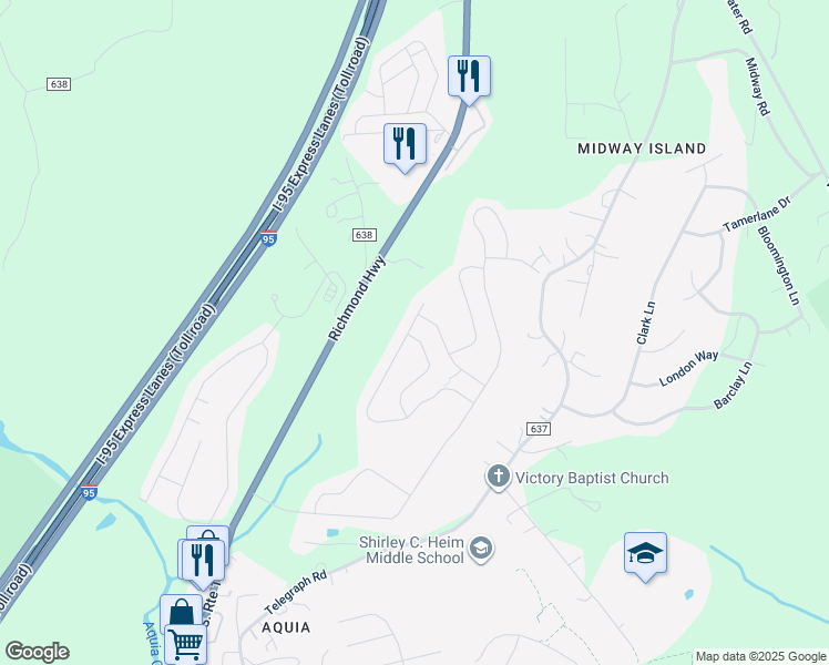 map of restaurants, bars, coffee shops, grocery stores, and more near 102 Glacier Way in Stafford