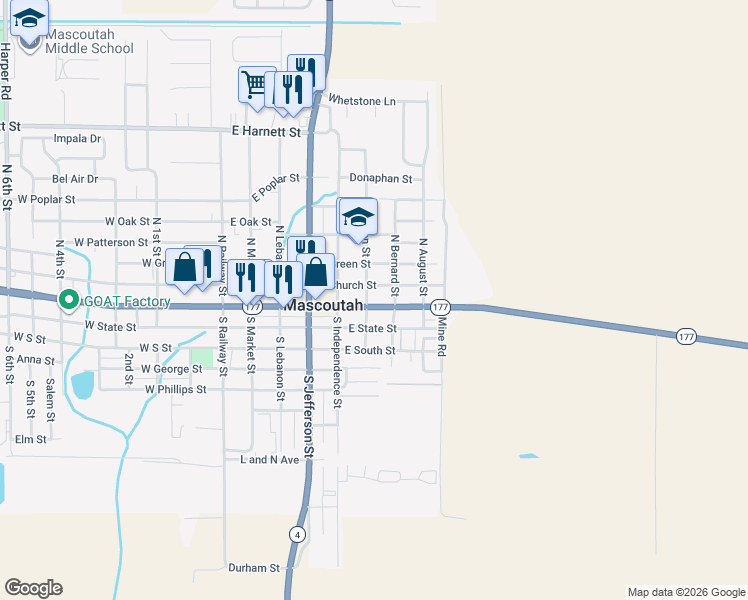 map of restaurants, bars, coffee shops, grocery stores, and more near 2 North John Street in Mascoutah