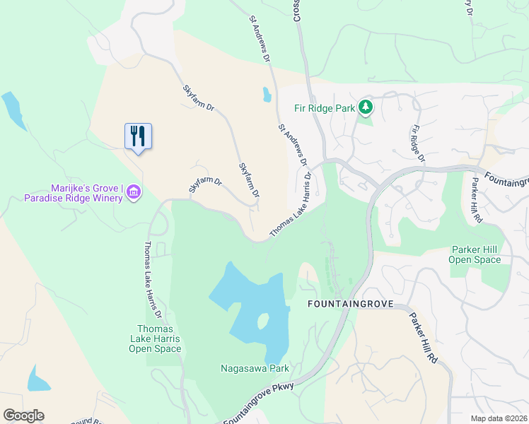 map of restaurants, bars, coffee shops, grocery stores, and more near 3744 Skyfarm Drive in Santa Rosa