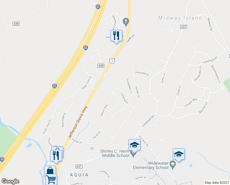 map of restaurants, bars, coffee shops, grocery stores, and more near 102 Glacier Way in Stafford