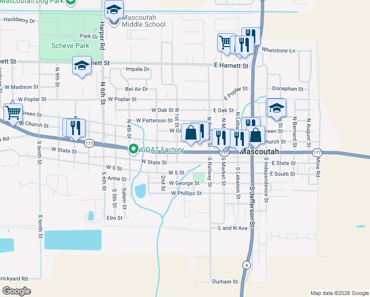 map of restaurants, bars, coffee shops, grocery stores, and more near 47 West Main Street in Mascoutah