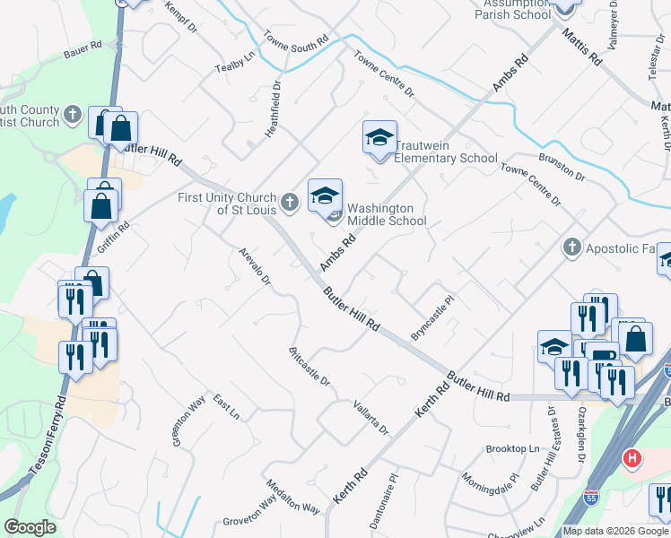 map of restaurants, bars, coffee shops, grocery stores, and more near 5191 Butler Bend Drive in St. Louis