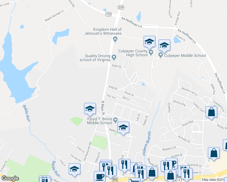 map of restaurants, bars, coffee shops, grocery stores, and more near 135 King Street in Culpeper