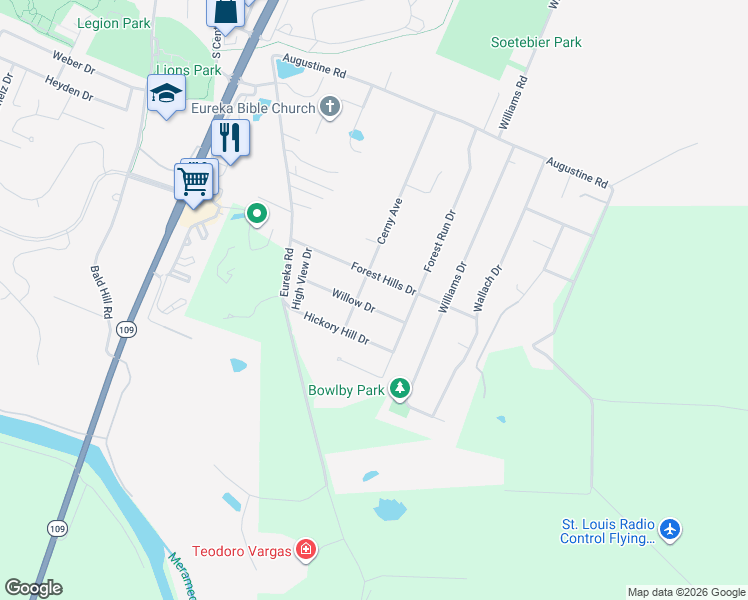 map of restaurants, bars, coffee shops, grocery stores, and more near 112 Willow Drive in Eureka