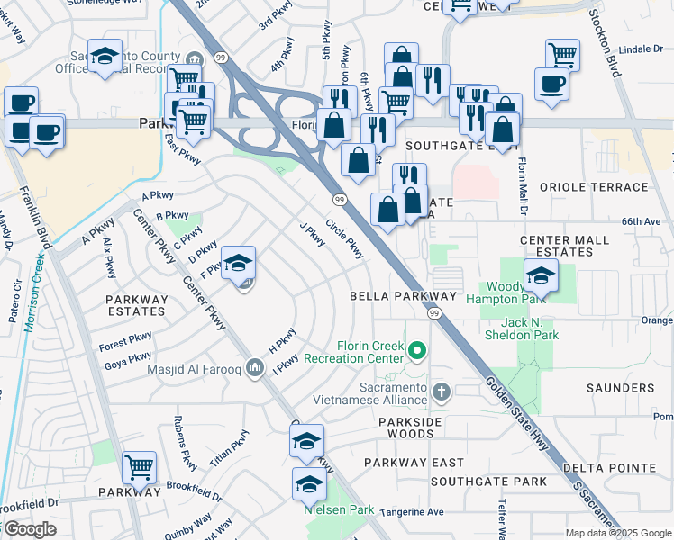 map of restaurants, bars, coffee shops, grocery stores, and more near 4967 J Parkway in Sacramento