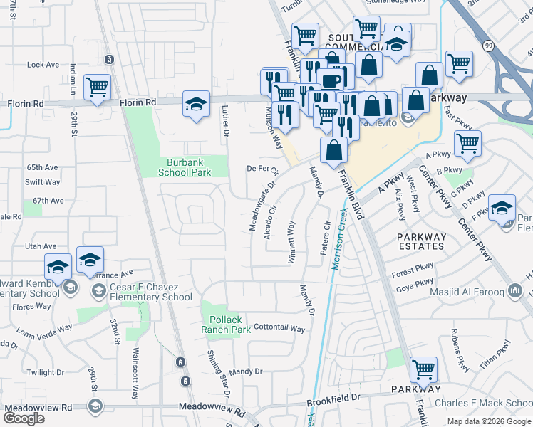 map of restaurants, bars, coffee shops, grocery stores, and more near 7351 Meadowgate Drive in Sacramento