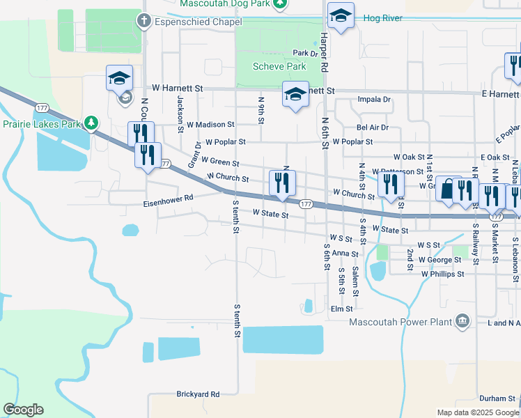 map of restaurants, bars, coffee shops, grocery stores, and more near 907 West South Street in Mascoutah