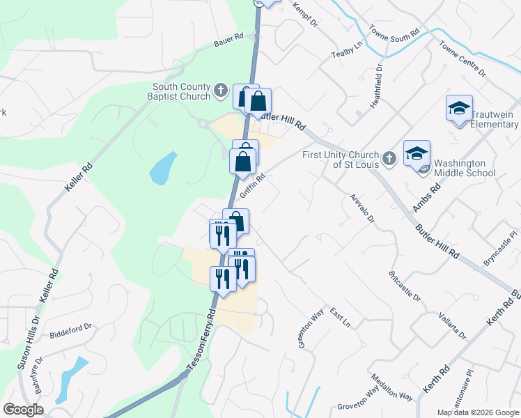 map of restaurants, bars, coffee shops, grocery stores, and more near 13142 East Lane in St. Louis