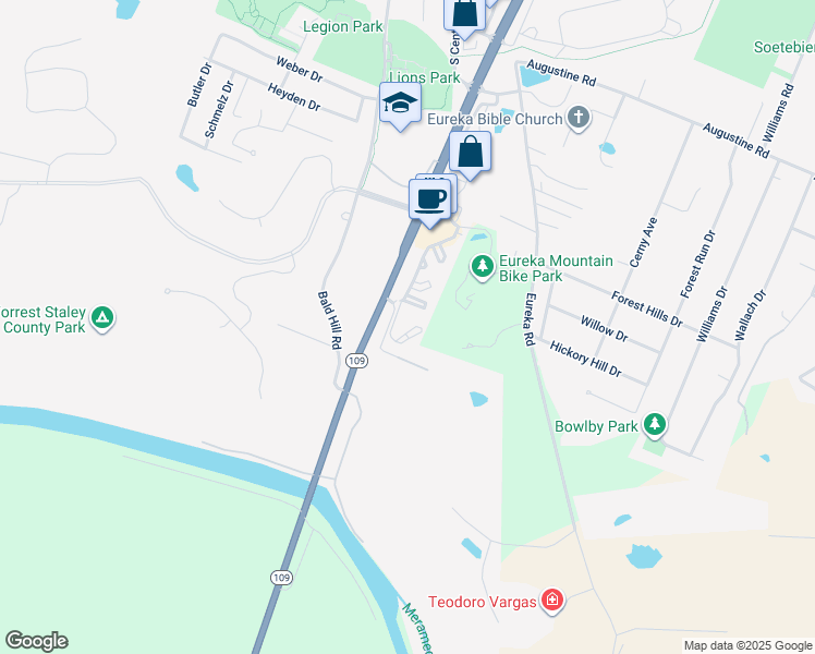 map of restaurants, bars, coffee shops, grocery stores, and more near 780 Woods Circle in Eureka