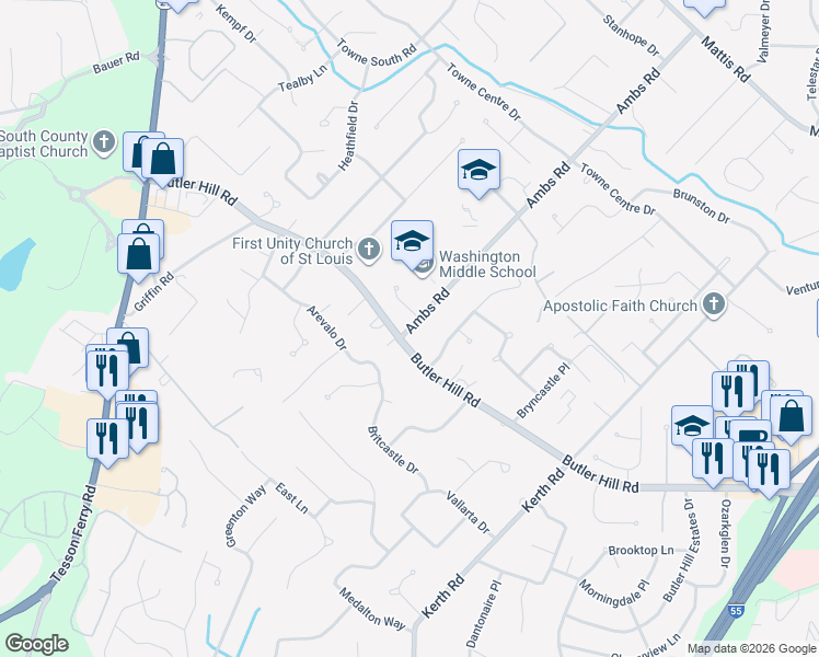 map of restaurants, bars, coffee shops, grocery stores, and more near 5165 Ambs Road in St. Louis