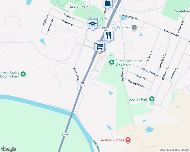 map of restaurants, bars, coffee shops, grocery stores, and more near 780 Woods Circle in Eureka