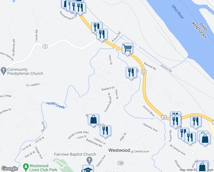 map of restaurants, bars, coffee shops, grocery stores, and more near 1107 French Broad Street in Westwood