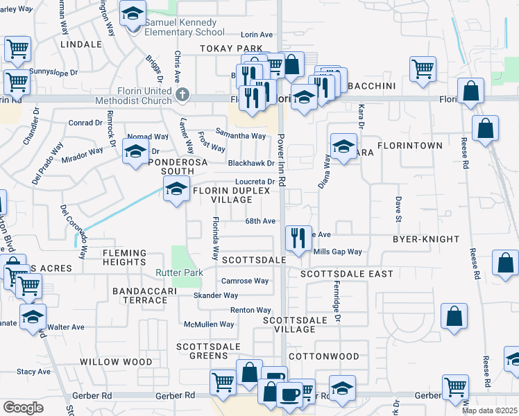 map of restaurants, bars, coffee shops, grocery stores, and more near 8002 68th Avenue in Sacramento