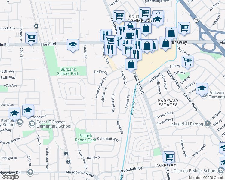 map of restaurants, bars, coffee shops, grocery stores, and more near 7376 Winnett Way in Sacramento