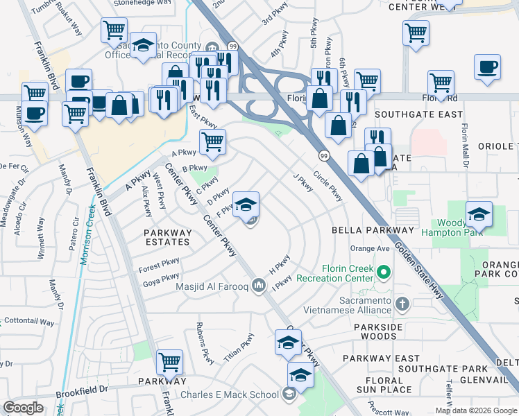 map of restaurants, bars, coffee shops, grocery stores, and more near 4720 Forest Parkway in Sacramento