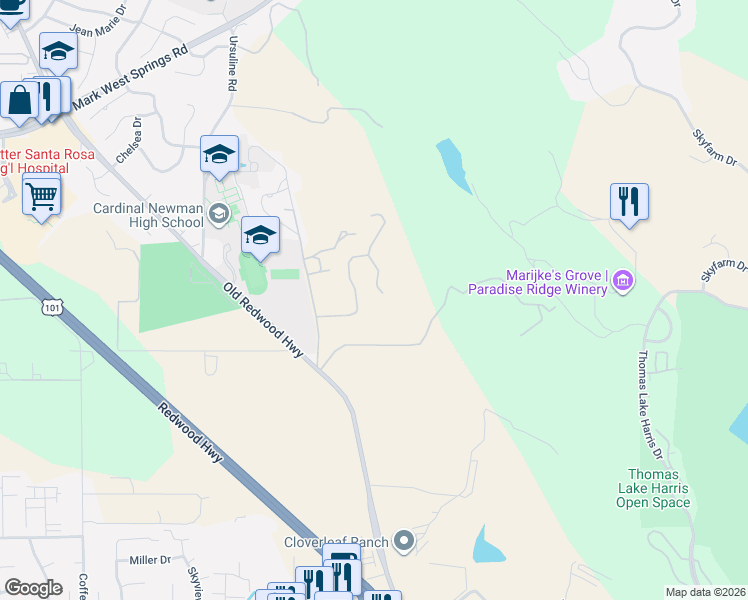 map of restaurants, bars, coffee shops, grocery stores, and more near 120 Angela Drive in Santa Rosa