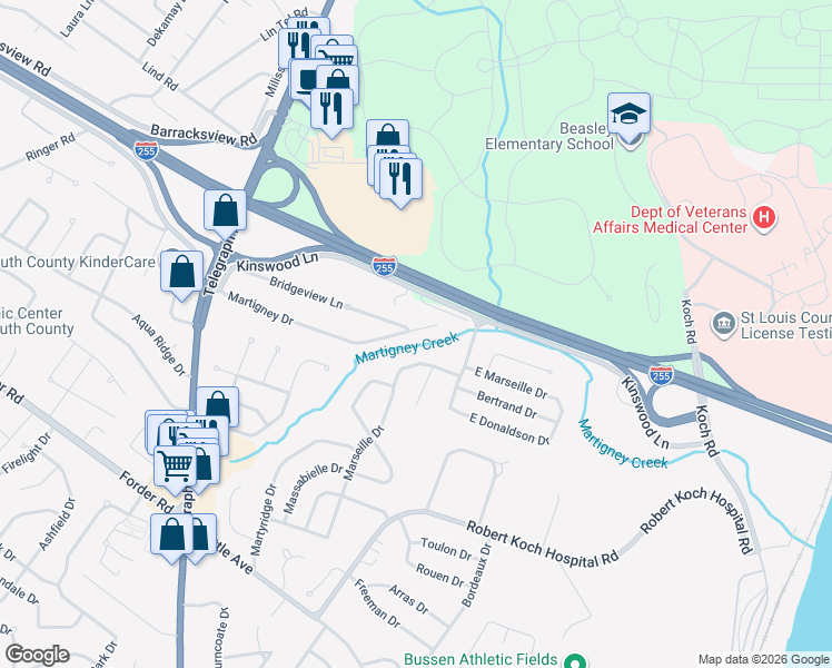 map of restaurants, bars, coffee shops, grocery stores, and more near 368 Kinswood Lane in St. Louis