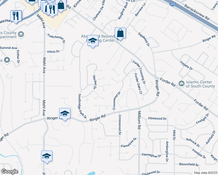 map of restaurants, bars, coffee shops, grocery stores, and more near 4887 Southridge Park Drive in St. Louis