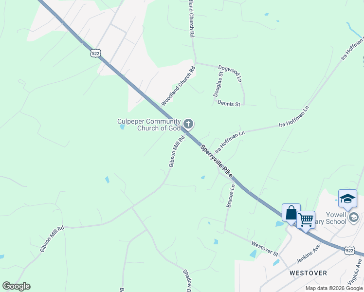 map of restaurants, bars, coffee shops, grocery stores, and more near 15264 Gibson Mill Road in Culpeper