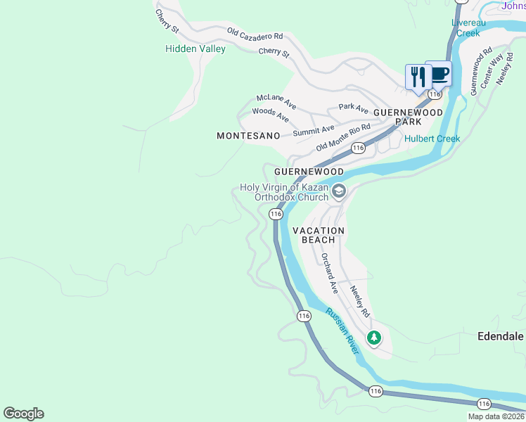 map of restaurants, bars, coffee shops, grocery stores, and more near 17590 Duncan Road in Guerneville