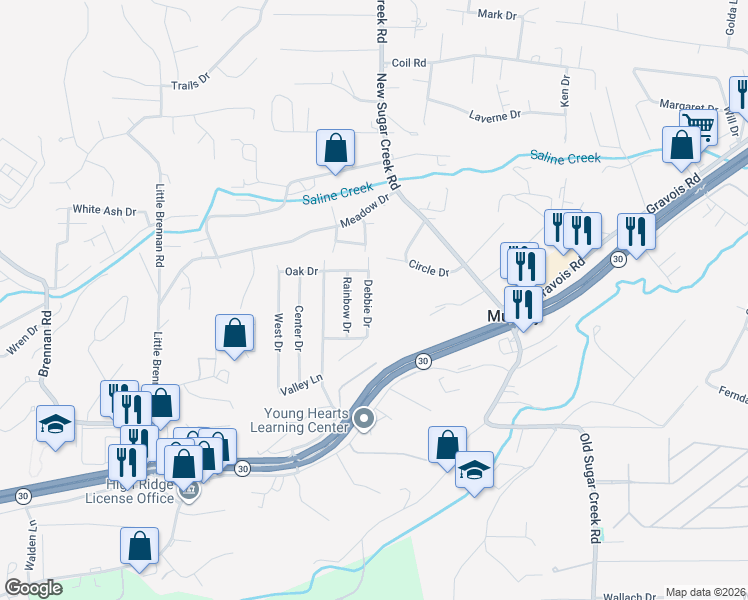 map of restaurants, bars, coffee shops, grocery stores, and more near 1805 Debbie Drive in High Ridge