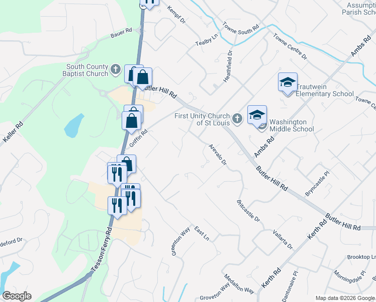 map of restaurants, bars, coffee shops, grocery stores, and more near 4874 Arevalo Drive in St. Louis