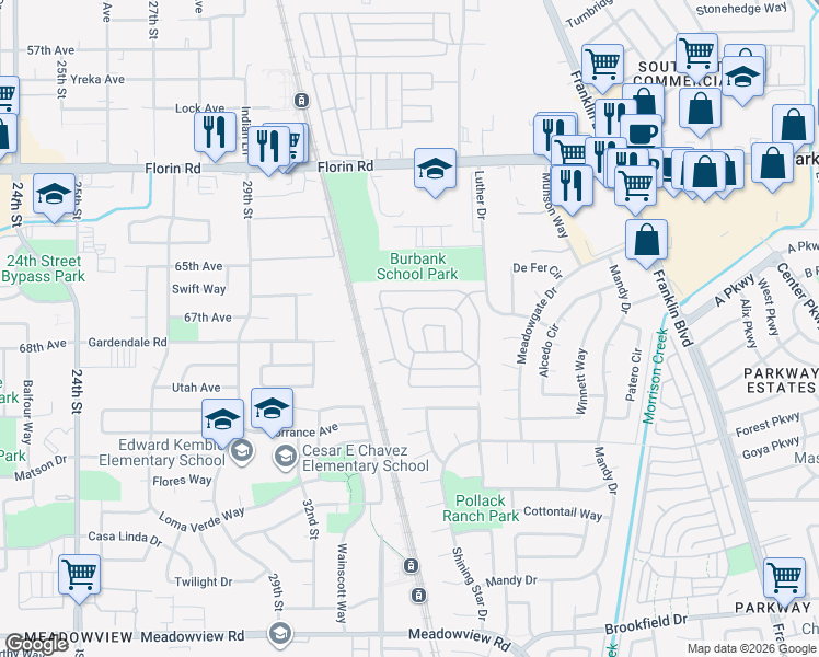 map of restaurants, bars, coffee shops, grocery stores, and more near 159 Cooper Avenue in Sacramento