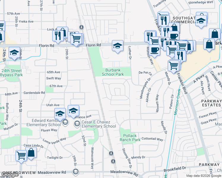 map of restaurants, bars, coffee shops, grocery stores, and more near 159 Cooper Avenue in Sacramento