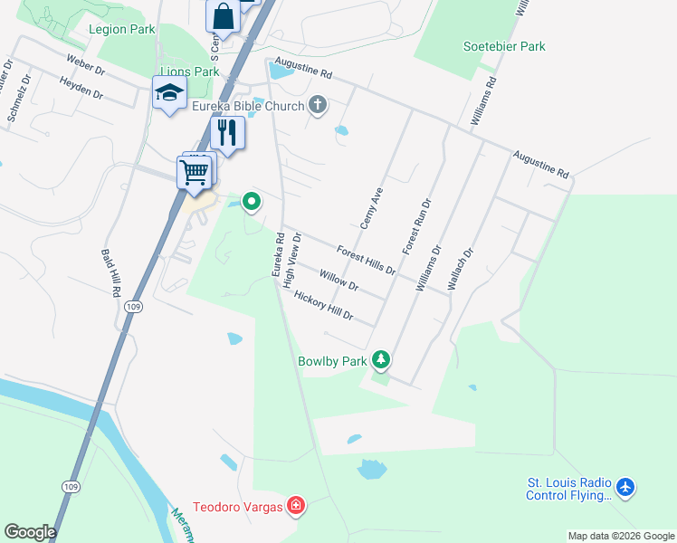 map of restaurants, bars, coffee shops, grocery stores, and more near 61 Forest Hills Drive in Eureka