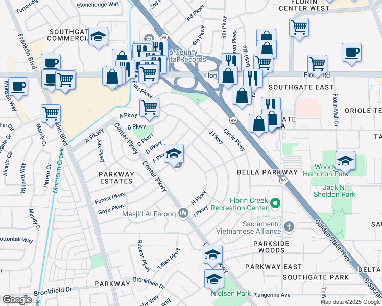 map of restaurants, bars, coffee shops, grocery stores, and more near 5028 H Parkway in Sacramento