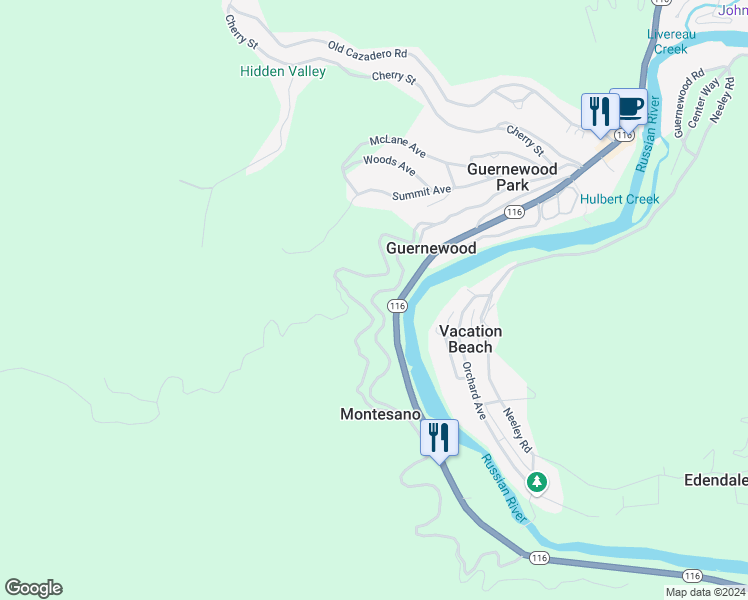 map of restaurants, bars, coffee shops, grocery stores, and more near 17731 Old Monte Rio Road in Guerneville