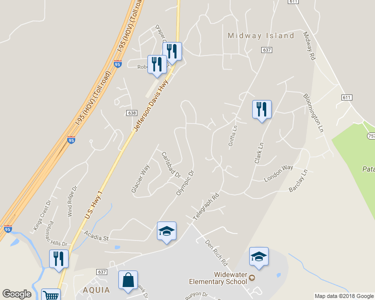 map of restaurants, bars, coffee shops, grocery stores, and more near 183 Olympic Drive in Stafford