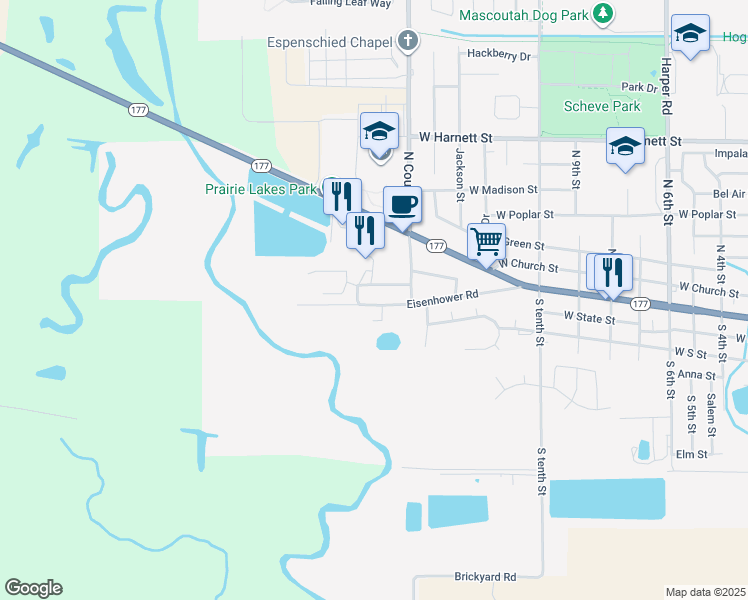 map of restaurants, bars, coffee shops, grocery stores, and more near 1415 Eisenhower Road in Mascoutah