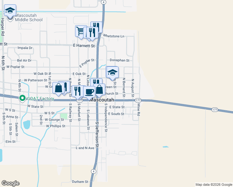 map of restaurants, bars, coffee shops, grocery stores, and more near 105 North John Street in Mascoutah