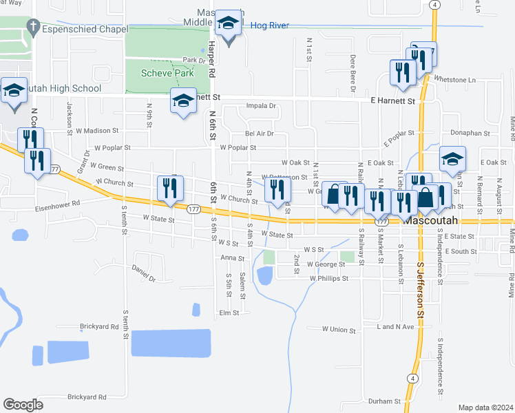 map of restaurants, bars, coffee shops, grocery stores, and more near 317 West Church Street in Mascoutah