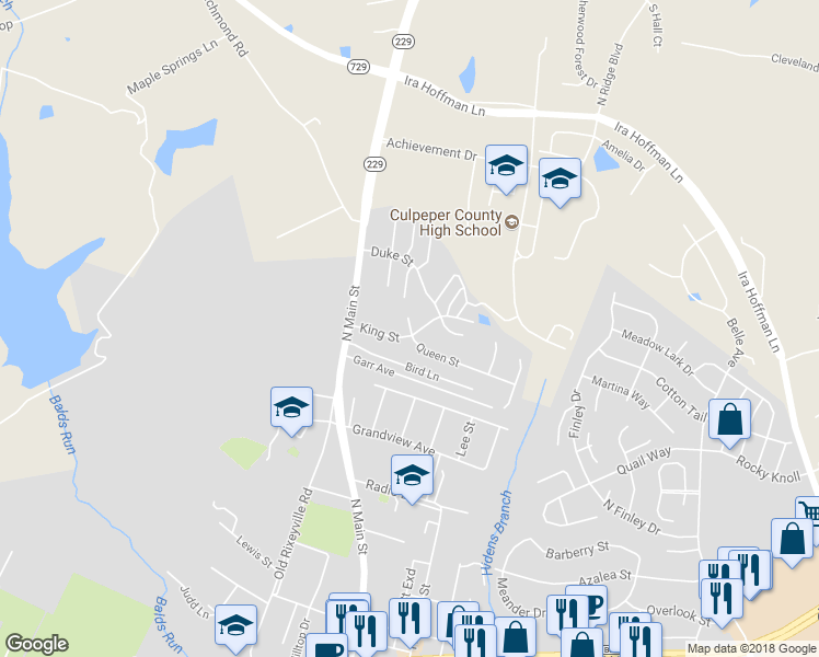 map of restaurants, bars, coffee shops, grocery stores, and more near 1501 Queen Court in Culpeper