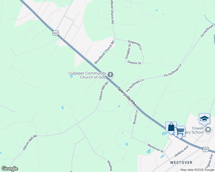map of restaurants, bars, coffee shops, grocery stores, and more near 15264 Gibson Mill Road in Culpeper
