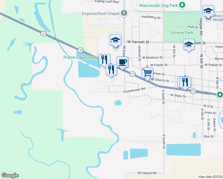 map of restaurants, bars, coffee shops, grocery stores, and more near 1443 Eisenhower Road in Mascoutah