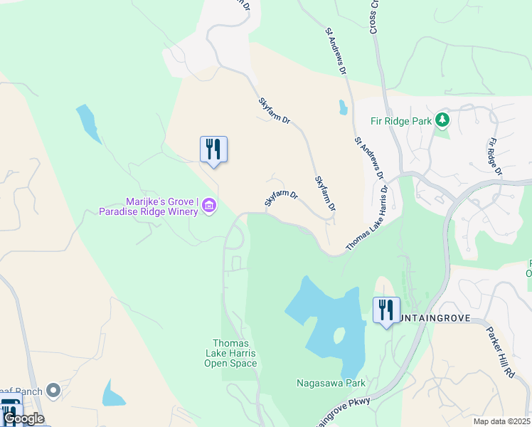 map of restaurants, bars, coffee shops, grocery stores, and more near Thomas Lake Harris Dr & Skyfarm Dr in Santa Rosa