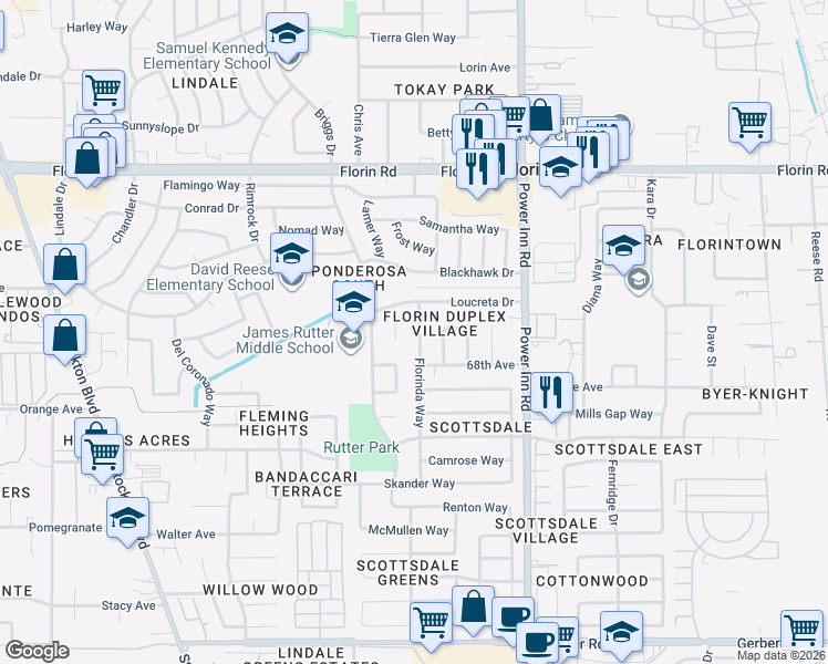 map of restaurants, bars, coffee shops, grocery stores, and more near 7308 Florinda Way in Sacramento